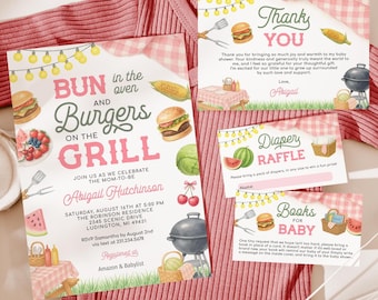 Pink BBQ Baby Shower  Invitation Suite – Bun in the Oven and Burgers on the Grill - Editable Template - 5040-BBSP