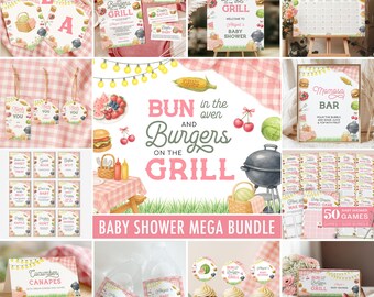May include: A collection of baby shower decorations with a picnic theme. The designs feature pink gingham patterns, illustrations of burgers, watermelon, and cherries. The text includes "Bun in the Oven and Burgers on the Grill" and "Baby Shower Mega Bundle".