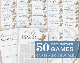 Puede incluir: Un conjunto de juegos y letreros para baby shower. Los diseños presentan osos de peluche, globos y elegantes fuentes manuscritas en tonos azules y blancos. El paquete incluye 50 juegos y letreros.