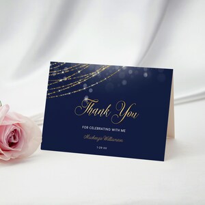 Navy Blue and Gold Thank You Card and Gift Tag Template, Glitter ...
