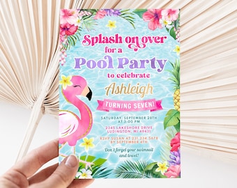 Pool Party Birthday Invitation - Girl Summer Birthday Invitation - Pink Flamingo Pool Birthday Party - Editable Digital Download FPTY