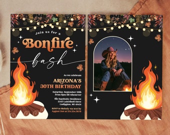 Modern Backyard Bonfire Invitation - Fall Campfire Birthday Party Photo Invite - Outdoor Bonfire Bash Party - Digital Download - 0421 12