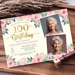 100歳の誕生日2枚写真招待状 - 大人用 100歳の誕生日招待状 - ゴールド、クリーム、ブラッシュピンクの花柄デジタルインスタントダウンロード - B23C