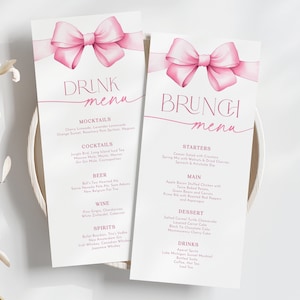Karta menu z różową kokardką - Szablon menu na kolację i drinki - Edytowalne menu na brunch - Natychmiastowe pobranie Wersja do druku Edytowalne - 1610B