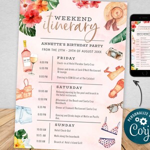 Könnte beinhalten: Ein rosa-weißer druckbarer Wochenend-Reiseplan für eine Geburtstagsfeier. Der Reiseplan enthält eine Liste von Aktivitäten für Freitag, Samstag und Sonntag. Zu den Aktivitäten gehören das Einchecken in ein Hotel, das Essen in Restaurants, das Entspannen am Pool und der Strandbesuch. Der Reiseplan ist mit Aquarell-Illustrationen von Blumen, Sonnenbrillen, Sandalen und einem Bikini verziert.