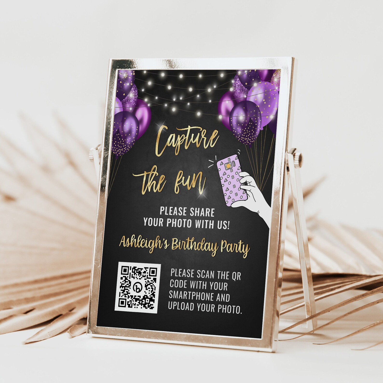 Purple and Gold Birthday QR Code Sign Template - Capture the Fun ...