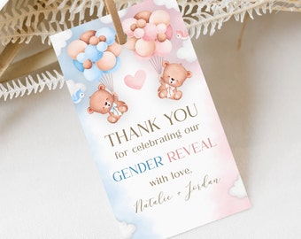 Editable Teddy Bears Gender Reveal Favor Tag Template - Boy or Girl Baby Bear Party Theme - Printable Digital Download 1413