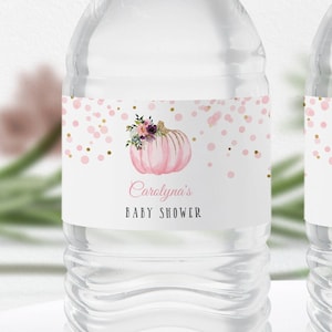 Editable Pink Pumpkin Baby Shower Water Bottle Labels Template - Girl Baby Shower Decor - Digital Download BBS16