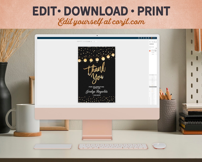 Birthday Thank You Card Editable Template Black Gold Glitter Lights ...