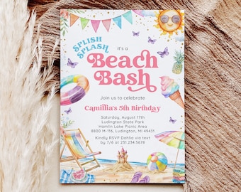 May include: A colorful invitation for a 5th birthday party with a beach theme. The invitation features a sun with sunglasses, a beach umbrella, a beach chair, a sandcastle, a watermelon, and a beach ball. The text on the invitation reads "Splish Splash it's a Beach Bash" and "Join us to celebrate Camillia's 5th Birthday".