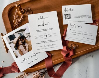 Minimalist Wedding invitation Suite Template - Editable Modern Wedding Invite with Photo area for Picture - Digital Instant Download WP09
