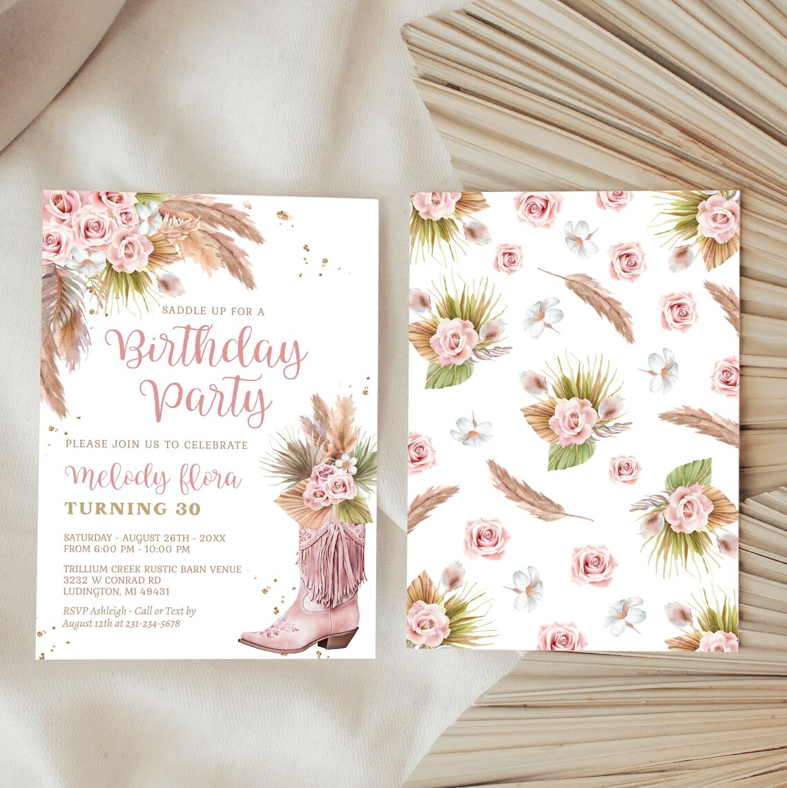 Editable Cowgirl Boot Birthday Invitation With Pampas Grass and Roses ...
