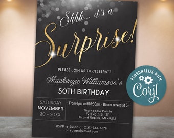Surprise Birthday Invitation Invite Party ANY AGE Gold Glitter & Black Digital INSTANT download 5x7 Editable B27