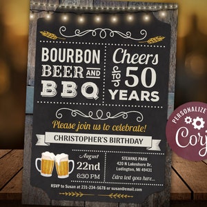 50th - Cheers - Bourbon, Beer and BBQ Birthday Party Invitation Chalkboard & Wood Digital INSTANT Download Editable adult Mens Womens CBBP