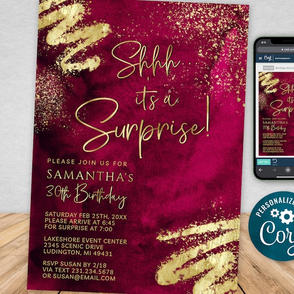 Maroon Red and Gold Adult Surprise Birthday Invitation Template Digital Instant Download Editable Mens Womens BPG BP148