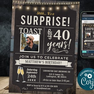 Any Age Surprise Birthday Invitation Champagne Photo Invitation Template CBBP