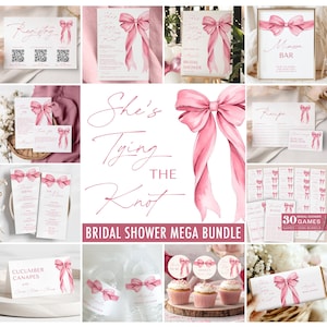 Invito per addio al nubilato "She's Tying the Knot" modificabile + pacchetto giochi - Moderno e minimalista fiocco rosa nastro per addio al nubilato - 5011PBDS