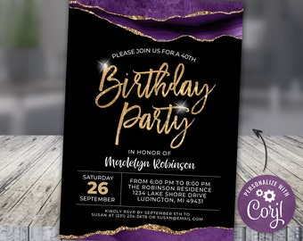 Purple Amethyst Agate Birthday Invite Gold Glitter Vein, Adult Birthday Invitation Digital Instant Download Editable, AGT APBPG