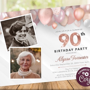 Rose Gold 90th Birthday Invitation with Photo - Two Photo Birthday Invite - Digital INSTANT download Editable Womens B40 BD40BB