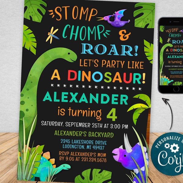 Digital and Printable Dinosaur Birthday Invitation, Dinosaur Party Printable and Evite Electronic Invite, Editable Personalized DNOP