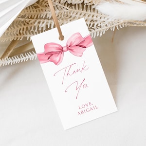 Pink Bow She&#39;s Tying the Knot Bridal Shower Favor Tag Template Rectangle - Modern Pink Ribbon Wedding Shower Favors - Download 5011PBDS