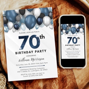 Balloons 70th Birthday Invitation - Adult SEVENTY Birthday Invite - Blue & White Birthday Party - Digital INSTANT download - B40 BP40C