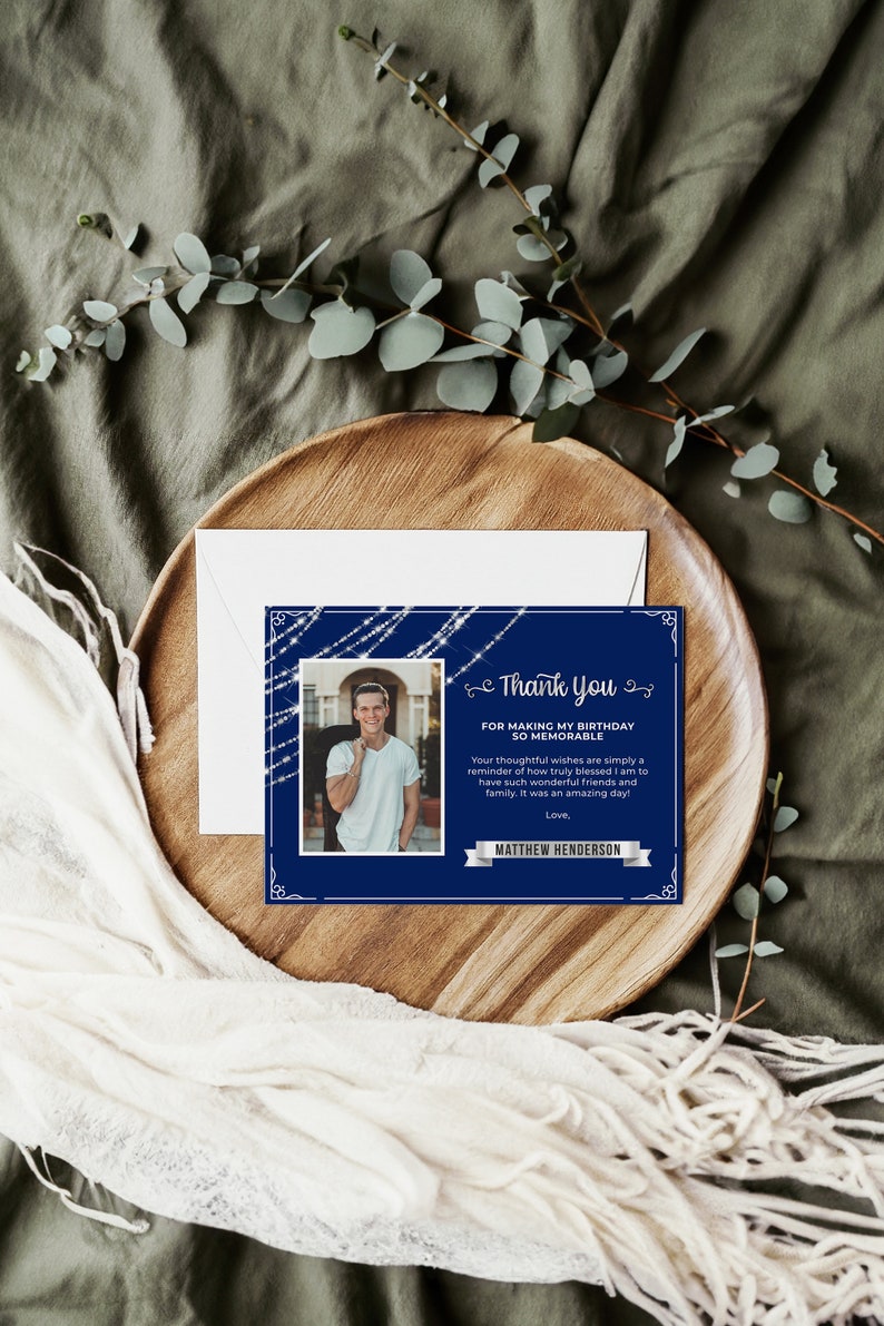 Birthday Thank You Card With Photo - Editable Template - Navy Blue and ...