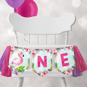 Flamingo Birthday Party, 1st Birthday Editable High Chair Banner, Editable Instant Download FPTY