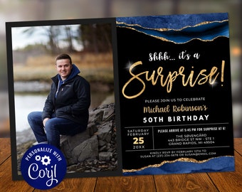 Blue and Gold Surprise Birthday Photo Invitation with Picture - Any Age - Editable - Digital Instant Download - Editable Invite - AGT APBBLG