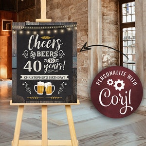 Cartaz de boas-vindas para festa de aniversário Cheers and Beers Qualquer idade Quadro-negro e madeira Digital Download INSTANTÂNEO Editável adulto masculino CBBP