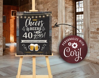 Affiche de signe de bienvenue de fête d'anniversaire de Cheers and Beers, tout âge, tableau noir et bois, téléchargement numérique instantané, homme adulte modifiable CBBP