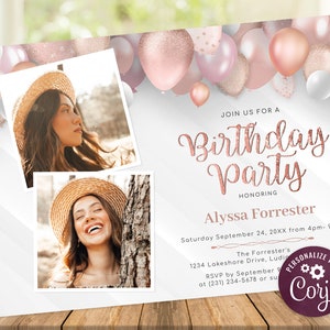 Rose Gold Birthday Invitation with Photo - Two Photo Birthday Invite - Digital INSTANT download Editable Womens B40 BD40BB