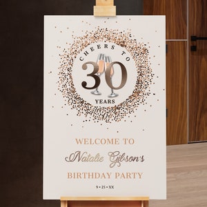 ANY AGE Cheers Birthday Welcome Sign Birthday Welcome Poster Champagne Glitter Sparkle Chocolate Brown Beige Tan Editable BP108E