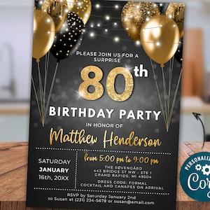 80th Birthday Invitation EIGHTY Party Black Gold Glitter Sparkle Balloons Digital Instant Download 5x7 Printable Editable BPB BGB