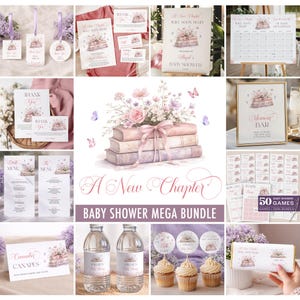 May include: A collection of baby shower stationery and decorations. The items include invitations, thank you cards, menus, cupcake toppers, water bottle labels, and a sign. The theme is a stack of books with flowers and butterflies. The text reads "A New Chapter" and "Baby Shower Mega Bundle."