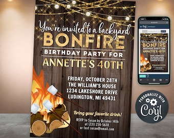 Puede incluir: Una invitación a una fiesta de cumpleaños de temática rústica con una ilustración de una fogata y el texto "You're invited to a backyard bonfire birthday party for Annette's 40th". La invitación incluye detalles sobre la fecha, la hora, la ubicación y la información de RSVP.