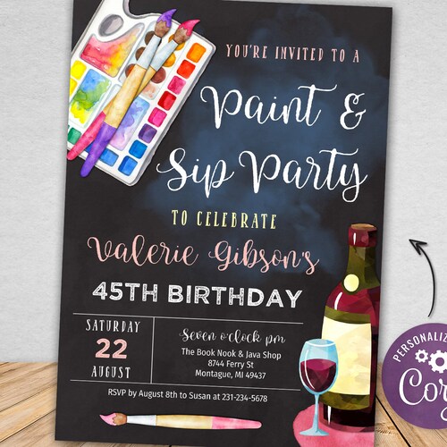 Sip and Paint Invitation Paint and Sip Birthday Party Invite Etsy