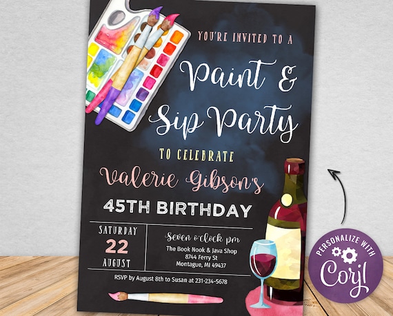 Paint and Sip Invite, Adult Paint Party Invitation, Wine Digital Party Wine Tasting Art Party, Digital Download, Corjl, Instant Download