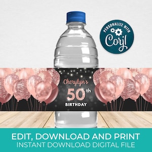 Rose Gold Water Bottle Label Template, Water Wrappers, Birthday Party Favors Editable, Digital Download BPB BGRG