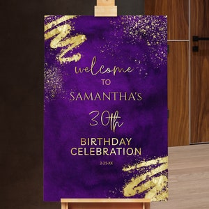 Letrero de bienvenida de cumpleaños Cartel de bienvenida de cumpleaños Brillo morado y dorado Descarga digital instantánea BPG editable BP141