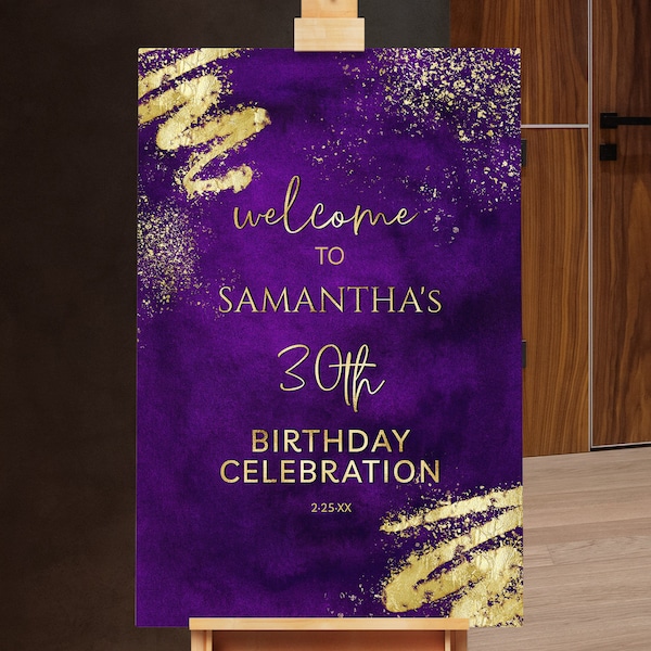 Birthday Welcome Sign Birthday Welcome Poster Purple and Gold Glitter Sparkle Instant Digital Download Editable BPG BP141