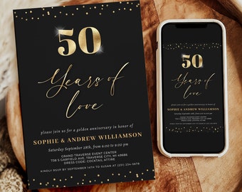 50 Years of Love - Elegant 50th Wedding Anniversary Invitation Template - Black and Gold Modern Theme - Editable Digital Download - RT1517