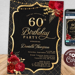 60th Birthday Invitation Template - Elegant Invite - Black with Red Roses and Gold Glitter - Instant Download BPR BP110