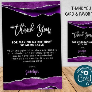 Modelo de cartão de agradecimento e etiqueta de presente roxo e prata, Glitter Sparkle Download digital instantâneo editável AGT APBP