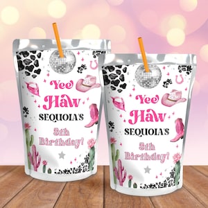 Editable Space Cowgirl Birthday Party Juice Pouch Template - Pink Disco Cowgirl Party - Instant Download Editable 0600