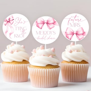 She&#39;s Tying the Knot Bridal Shower Cupcake Topper Template - Pink Ribbon Bow Bridal Shower Decor - 1610B