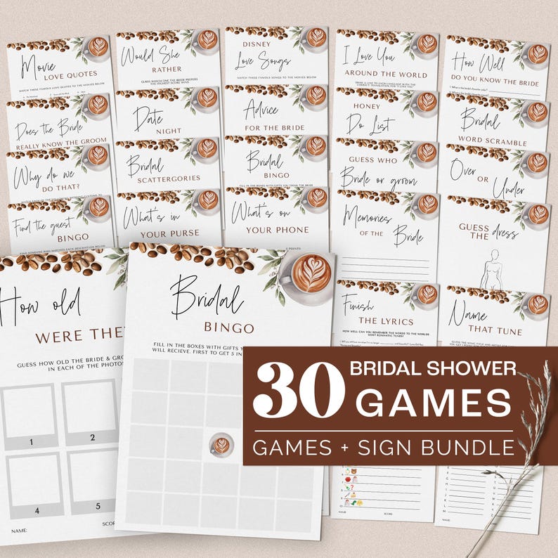 Coffee Bridal Shower Bundle - Love is Brewing Bridal Shower Invitation + Games Bundle - Editable Digital Download 5010BDS