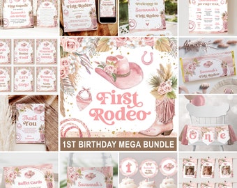 Bundle d'Invitation premier anniversaire fille rodéo - premier anniversaire rodéo rose - roses de l'herbe de la pampa rose blush - téléchargement numérique modifiable 5002
