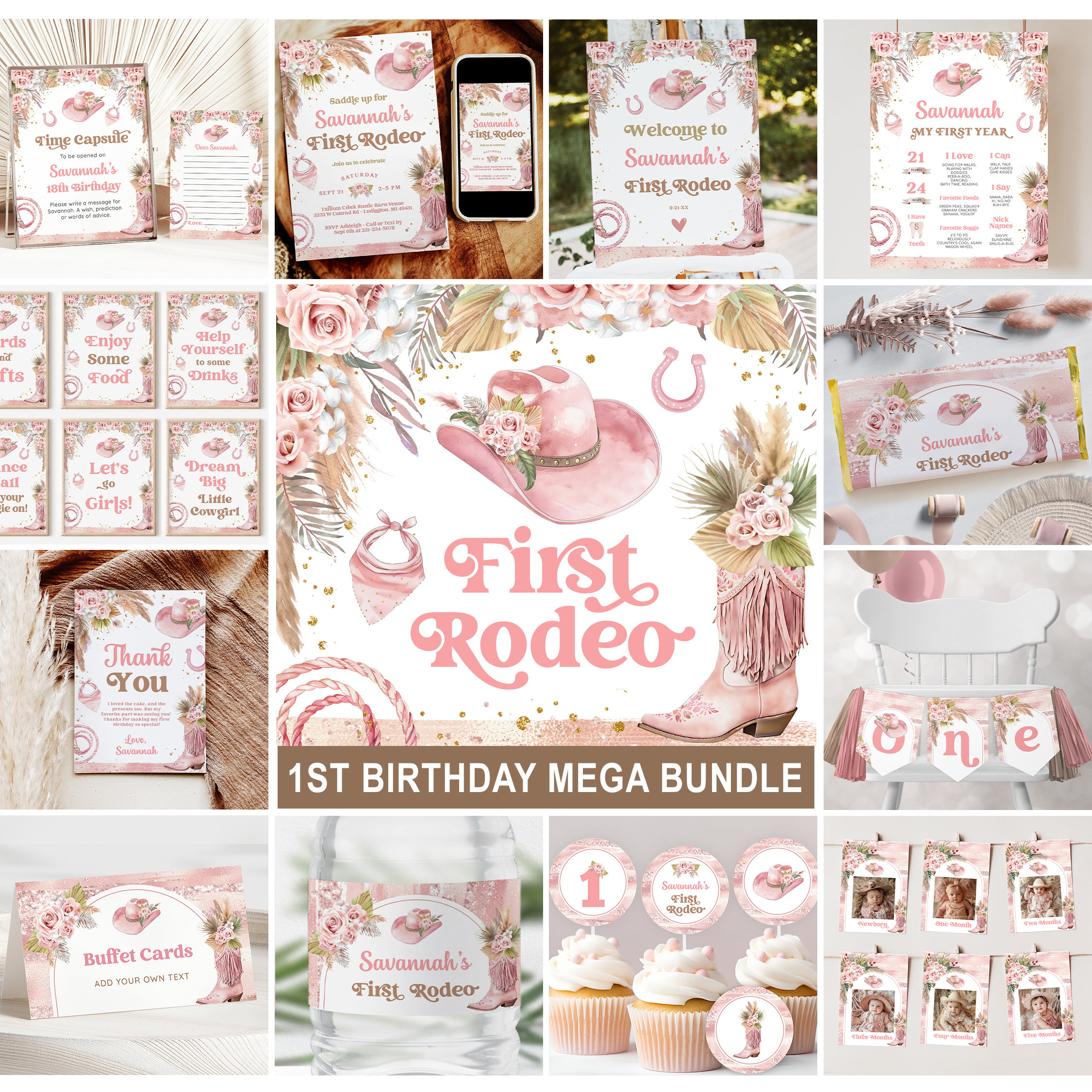 First Rodeo Girl 1st Birthday Invitation Bundle - Pink Rodeo First ...