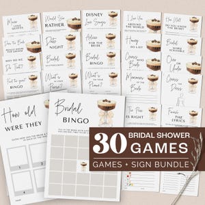 May include: A set of 30 printable bridal shower games with a coffee cocktail theme. The games include "How Well Do You Know the Bride?", "Guess Who", "Finish the Lyrics", and "Bridal Bingo".